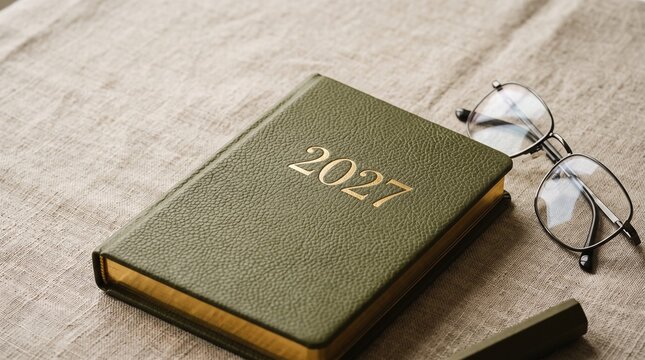 A green leather bound planner for the year 2027 with gold lettering sits on a textured linen cloth next to eyeglasses
