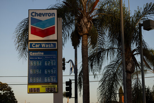 Fullerton, California, USA - September 14, 2026: A Chevron gas station displays surging gasoline and diesel prices due to the ongoing war with Iran.