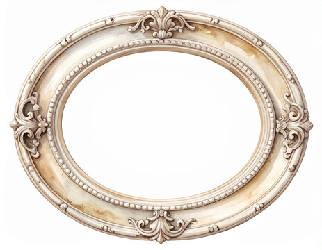 アンティーク調の楕円形フォトフレームのイラスト 白背景/Antique oval picture frame isolated on white background