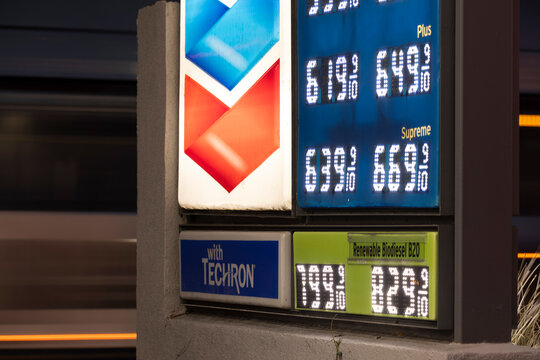 Fullerton, California, USA - September 14, 2026: A Chevron gas station displays surging gasoline and diesel prices due to the ongoing war with Iran.