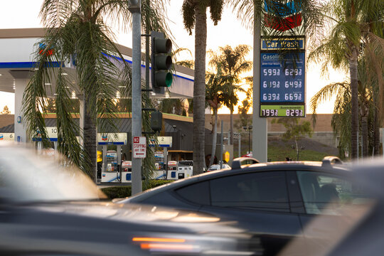 Fullerton, California, USA - September 14, 2026: A Chevron gas station displays surging gasoline and diesel prices due to the ongoing war with Iran.