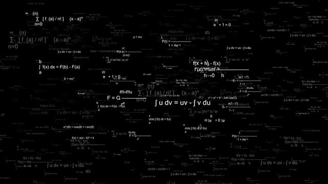Futuristic Digital Data Stream Featuring Animated Handwritten Mathematical Calculations, Modern Algebraic Notations, and Scientific Symbols Scrolling Smoothly Over Dark Black Backdrop Loop