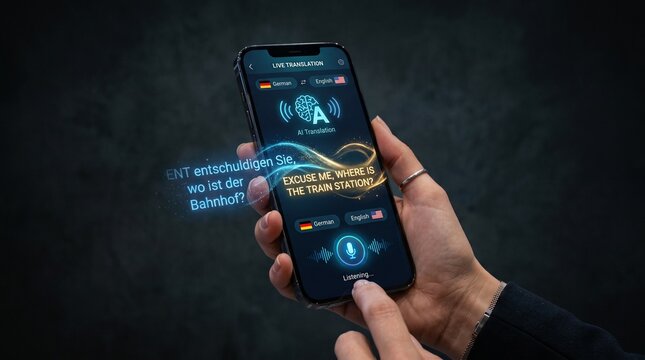 Professional developer reviewing code translation on smartphone with holographic interface overlay