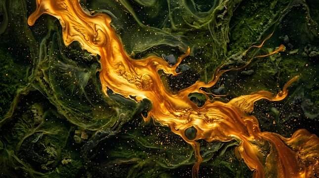 Fiery orange liquid stream flowing through a dark organic textured environment with glowing fluid liquid flow organic texture abstract