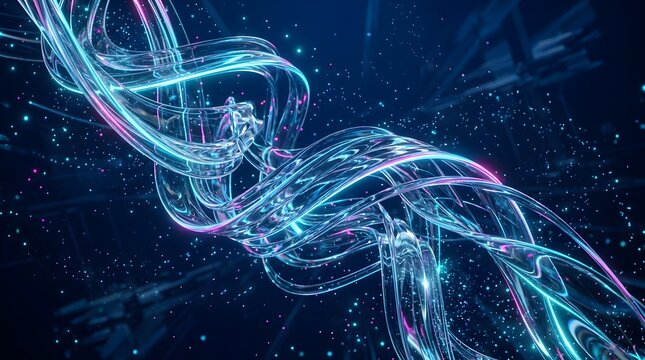 Swirling digital DNA strand made of glowing blue and purple light particles on dark background with genetic code