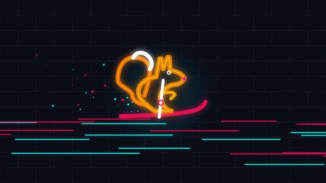 Neon squirrel character skiing on a dark brick wall background, vibrant glowing light art design