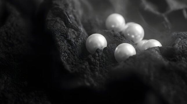 Natural white pearls resting inside a dark textured fabric with dark background high end precious gemstone ornament accessory