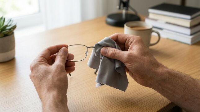 Close-up of hands cleaning eyeglasses with a microfiber cloth on a wooden desk with coffee and books in the background.