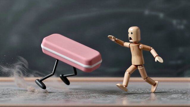 Wooden figure panics as pink eraser with legs chases it across desk.