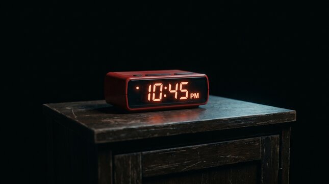 Red digital alarm clock showing 10 45 PM on a dark wooden nightstand