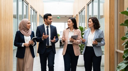 Obraz premium Diverse business professionals collaborating and walking in a modern office hallway
