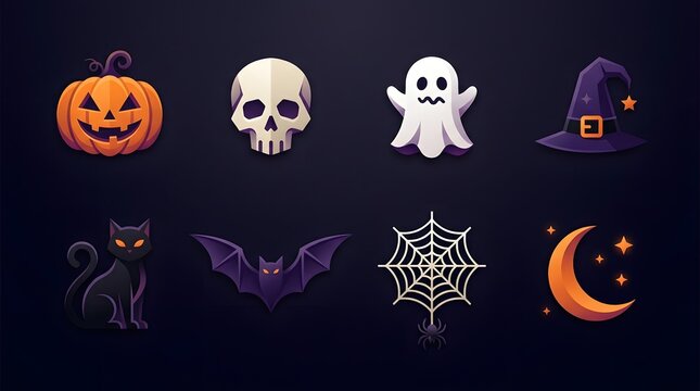 Set of flat vector Halloween icons featuring spooky characters and symbols
