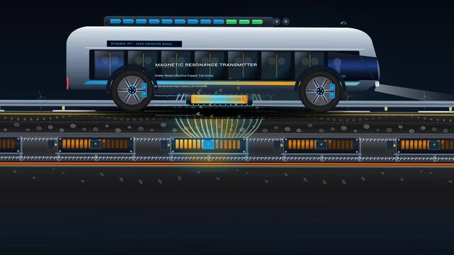 Animation of an electric bus driving on a dynamic wireless charging highway, showcasing under-road inductive copper coils, magnetic resonance transmission, and onboard power rectification systems