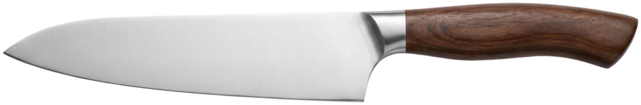Large chef knife with wooden handle on black.