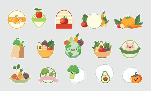 Vegetarian stickers flat vector graphic collection