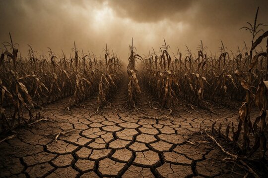 Severe drought destroys corn crops in dry farmland. Cracked earth, wilted plants show extreme heat, water shortage. Dusty sky hangs over parched agricultural field during climate crisis. Arid soil
