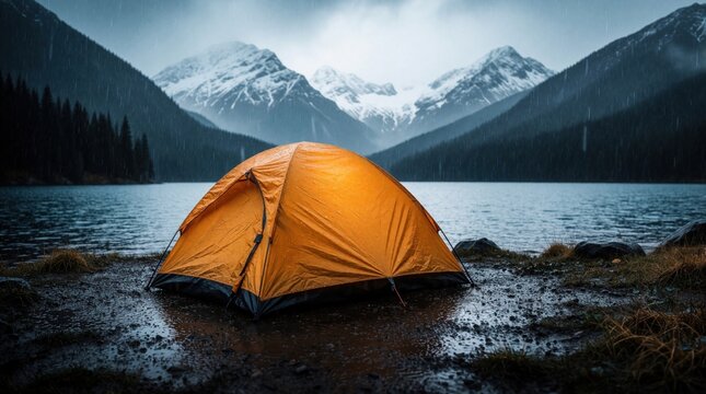 Orange tent pitched on wet lakeshore during heavy mountain rain. Misty peaks and dark forest surround calm water. Solitary shelter offers refuge from storm.
