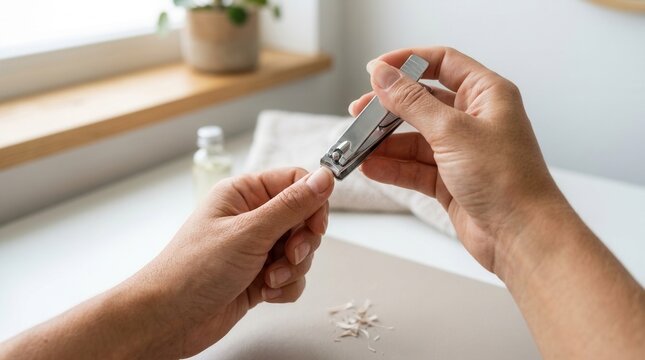 Close-up of hands using nail clippers to trim fingernails, hygiene and personal care concept.