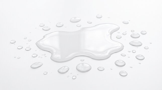 Clear water puddle and droplets on a white surface
