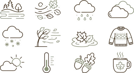 Fototapeta premium Seasonal autumn weather icons set with minimalist line art