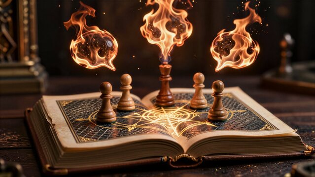 Magical chess pieces float above an enchanted book with fiery spirits rising.