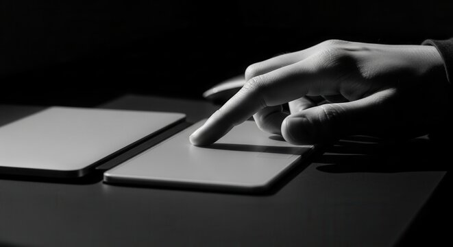 Hand Interacting With A Trackpad Device In Dramatic Lighting
