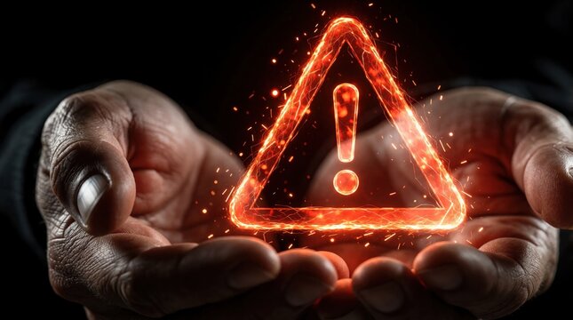 Hands hold glowing red warning triangle symbol with sparks. Digital hazard alert signifies cybersecurity threat or critical risk. Concept for digital safety issues.