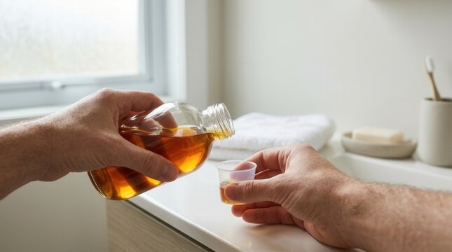 Close-up of hands pouring amber liquid from a glass bottle into a small measuring cup in a clean, bright bathroom setting.