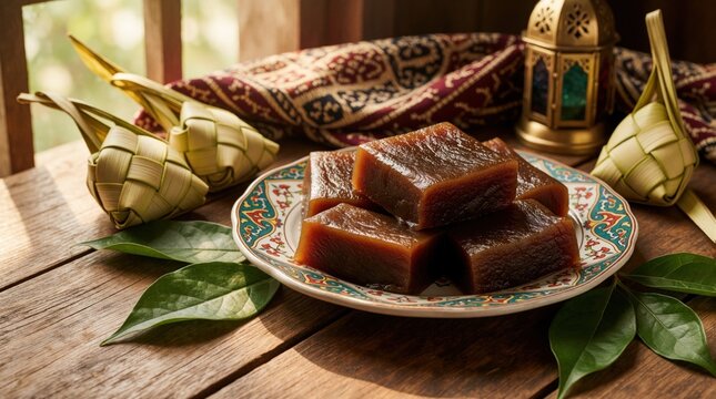 Traditional Indonesian dodol sweet dessert on patterned ceramic plate. Sticky brown caramel candy sits on rustic wooden table with ketupat rice pouches, lantern. Festive Eid al Fitr food setup with