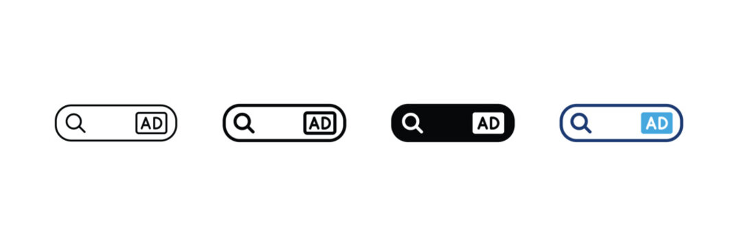 Search ad vector icon set. Editable Stroke, Line Art, Black Glyph and Color vector illustration.