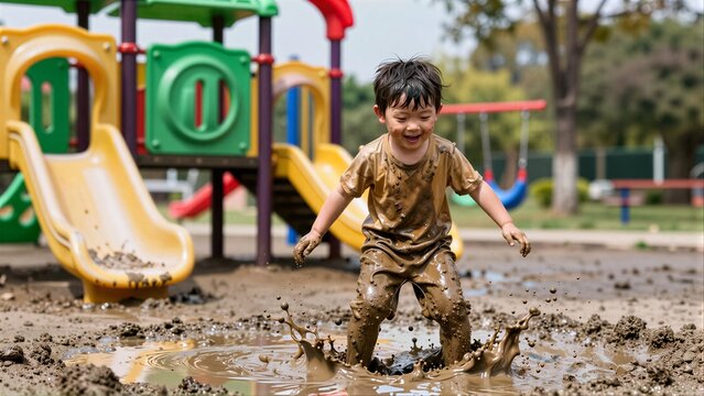 Happy child splashes through muddy playground, joyful in messy fun.