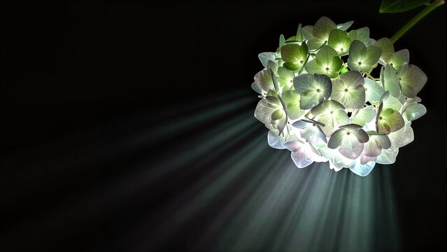 Glowing green hydrangea blooms radiate light against a dark background.
