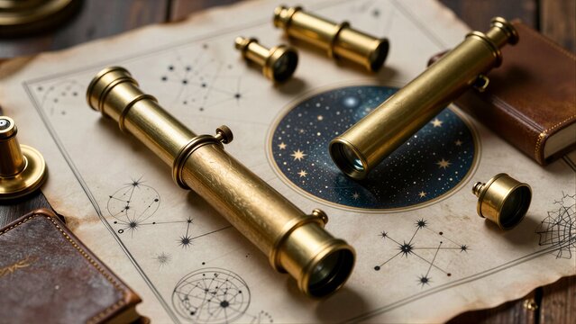 Vintage brass telescopes rest on star charts beside old books.