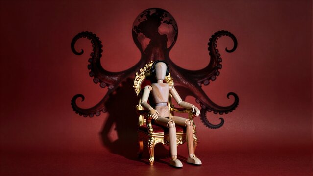 Wooden figure sits regal, octopus with globe crown looms behindsymbolic power and control.