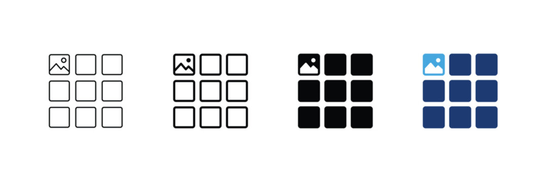 Thumbnail grid vector icon set. Editable Stroke, Line Art, Black Glyph and Color vector illustration.