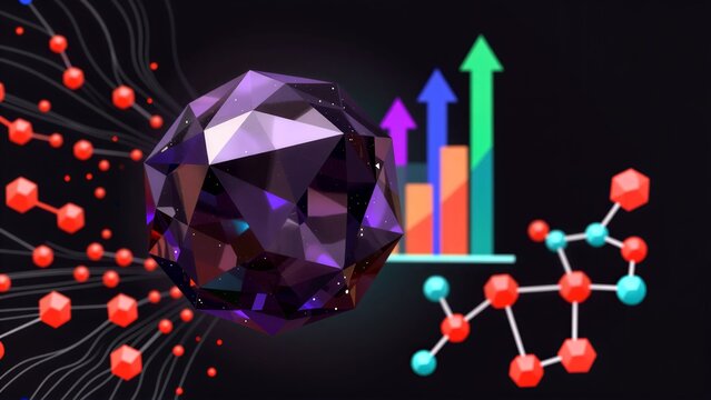 A cosmic crystal with data graphs and molecular structures floating in space.