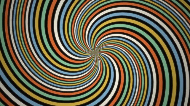 Psychedelic retro swirl pattern with vibrant wavy lines in orange, blue, yellow, and green colors