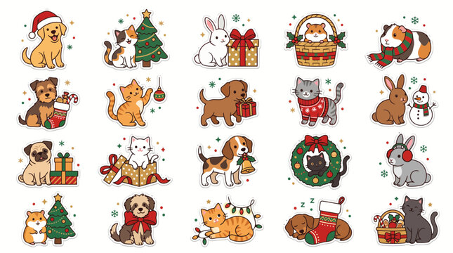 Set of cute cartoon animals celebrating Christmas with gifts and festive decorations.
