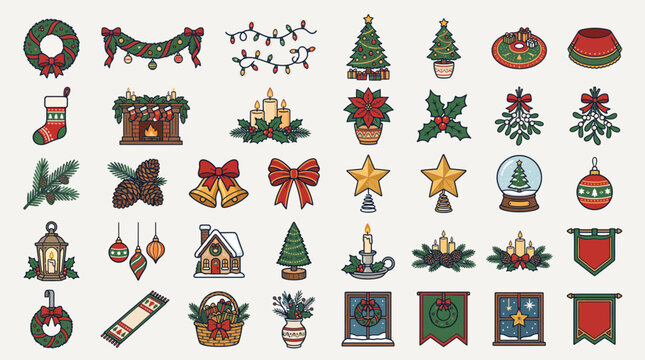Set of hand drawn Christmas holiday icons and festive decorative elements for winter season design.
