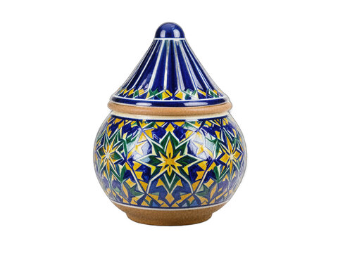 Moroccan Zellij Hand-Painted Glazed Tagine Vessel Isolated on White Background