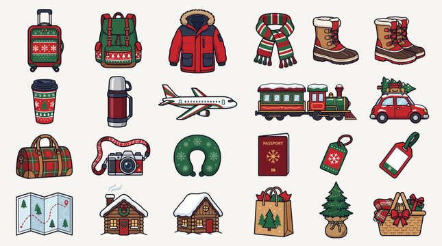 Set of winter travel and holiday vacation icons with festive clothing and luggage.