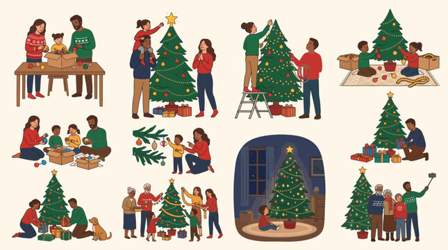 Set of illustrations showing a happy family decorating a Christmas tree and celebrating winter holidays together.