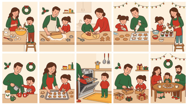 Set of illustrations showing a happy family baking Christmas cookies together in the kitchen.