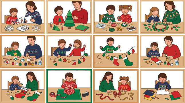 Set of illustrations showing children and parents doing various Christmas crafts and holiday activities together.