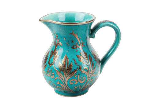 Persian Turquoise Lustreware Floral Pitcher Isolated on White Background