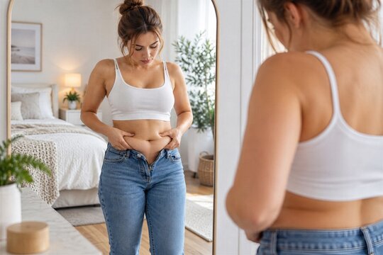 Woman Pinching Belly Fat While Looking at Her Reflection in Bedroom Mirror, Body Image, Weight Loss, Diet, Fitness, Waist and Abdomen Check, Healthy Lifestyle, Self Care and Body Confidence Concept