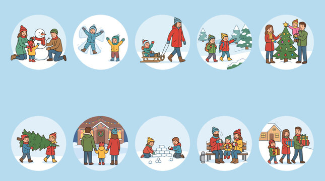 Set of circular illustrations featuring families and children enjoying various winter and Christmas outdoor activities.
