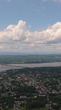 Wide pan of Beacon New York and Hudson River Valley and Newburgh Beacon Bridge Vertical Video