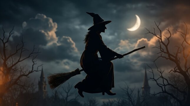 Silhouette of a witch flying on a broomstick against a spooky moonlit night sky with clouds and bare trees.