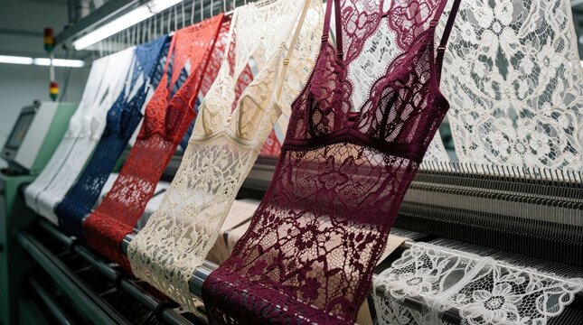 Lingerie bras hang in various colors on warp knitting machines. Delicate lace fabric is created with intricate patterns on modern textile equipment.
